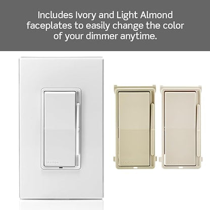 Leviton Decora Slide Dimmer Switch for Dimmable LED, Halogen and Incandescent Bulbs, DSL06-1LZ, White with Ivory and Light Almond Faceplates