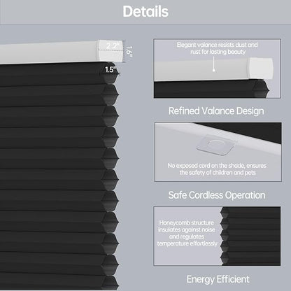 Cellular Shades Blackout Honeycomb Blinds for Indoor Windows, Cordless Cellular Shades 1.5 inch Cell Pleated for Bedroom Home Office, Custom Size, Blackout Black