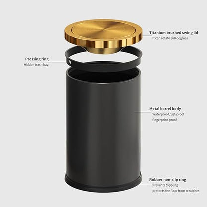 9L/2.4GAL Black and Gold Bathroom Trash Can, Small Trash Can with FILP Lid for Bathroom,Hotel,Office,Lundry,Powder Room (ＢＬＡＣＫ)