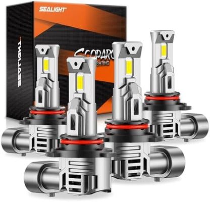 SEALIGHT 9005 9006 Bulbs Combo S1 Pro, 100000LM Super Bright Cool White, 9005 9006 Combo Bulbs, 1:1 Size, 70000Hrs Long Service Life with Cooling Fan, Pack of 4