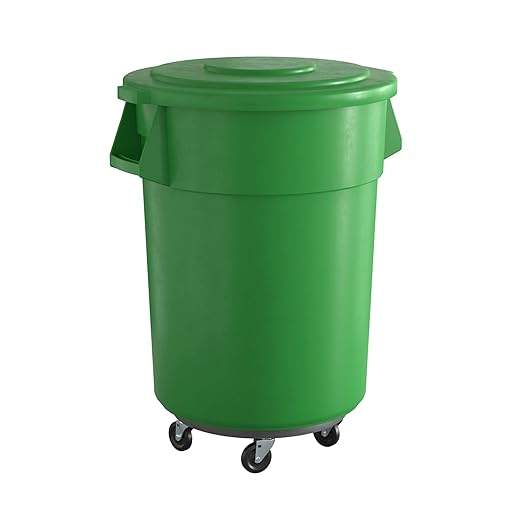 55 Gallon Green Round Commercial Trash Can with Lid and Dolly, Heavy-Duty Food Grade NSF Certified, Perfect for Restaurant, Office, School, Garage, Backyard, Workshop, Warehouse