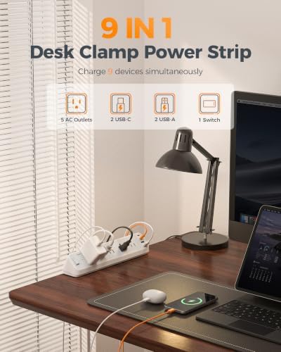 TESSAN Desk Clamp Power Strip 10 Ft with 2100J Surge Protector, Gray