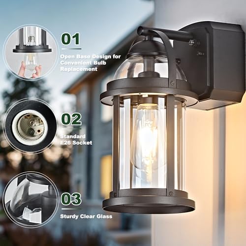 OKELI Dusk to Dawn Outdoor Wall Lights with GFCI Outlet, Waterproof Rustic Farmhouse Wall Lanterns with Clear Glass Shades, Anti-Rust Outside Fixture Lights for Garage Patio Porch, Black, 2 Pack