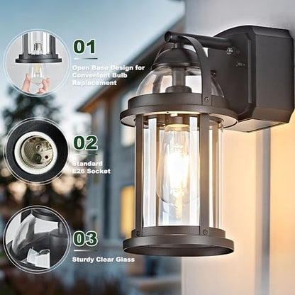 OKELI Dusk to Dawn Outdoor Wall Lights with GFCI Outlet, Waterproof Rustic Farmhouse Wall Lanterns with Clear Glass Shades, Anti-Rust Outside Fixture Lights for Garage Patio Porch, Black, 2 Pack