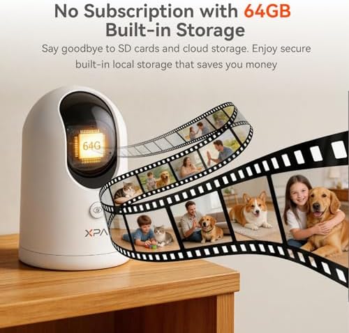 4K UHD Indoor Camera, 64G Built-in Storage No Subscription,Pet Camera Indoor with Phone App,Work as Baby Monitor/Cat/Dog Camera,360°Pan&Tilt,Two-Way Talk,Privacy Mode,AI Tracking/Detection