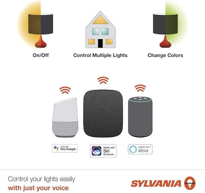 Sylvania (4 Bulbs) Smart+ LED Smart Bluetooth A19 Light Bulb, Seamless Setup, Works with Google, Alexa, AppleHomeKit, No hub Required, 2700K, LED Smart Bulb