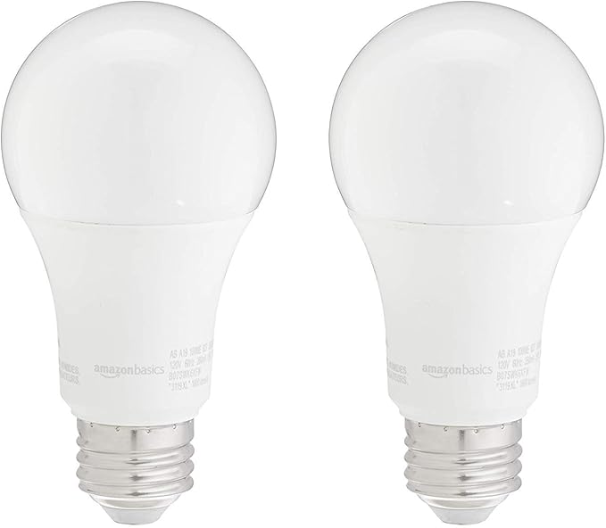 Amazon Basics A19 LED Light Bulbs, 100W Equivalent, 15W Energy Efficient, E26 Standard Base, Soft White 2700K, Non-Dimmable, 10,000 Hour Lifetime, 2-Pack