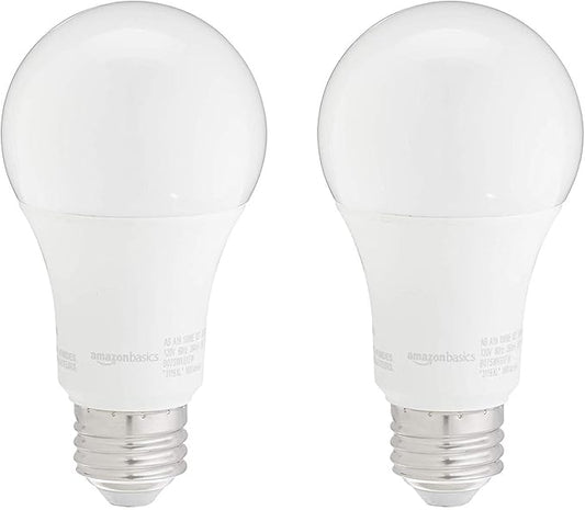 Amazon Basics A19 LED Light Bulbs, 100W Equivalent, 15W Energy Efficient, E26 Standard Base, Soft White 2700K, Non-Dimmable, 10,000 Hour Lifetime, 2-Pack