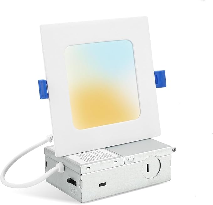 HONZIN 1 Pack 6 Inch Square Recessed Lighting, 5CCT Ultra Thin Square Recessed LED Downlight with Junction Box, 2700K/3000K/3500K/4000K/5000K Selectable, Dimmable,15W, Canless IC Rated, White Trim