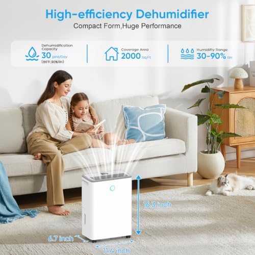 Dehumidifiers for Home, 30 Pint Dehumidifier for Basement with Drain Hose