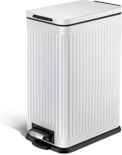 Home Zone Living 4 Gallon Kitchen Trash Can with Soft-Closing Lid and Step Pedal, Stainless Steel with Slim Ribbed Design for Home and Office, White, 17 Liters