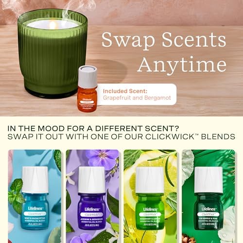 Lifelines Flameless Candle Aromatherapy Essential Oil Diffuser with ClickWick Essential Oil Blend - Cordless & Waterless Diffuser for Home - Scented Electric Candles Blow Out Flame- Olive Ribbed