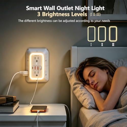 Multi Plug Outlet Surge Protector, 6 Outlet Extender and 4 USB with PD30W USB-C Fast Charging, 3-Sided 1050J Surge Protector Power Strip with Night Light for Home Travel Office-ETL