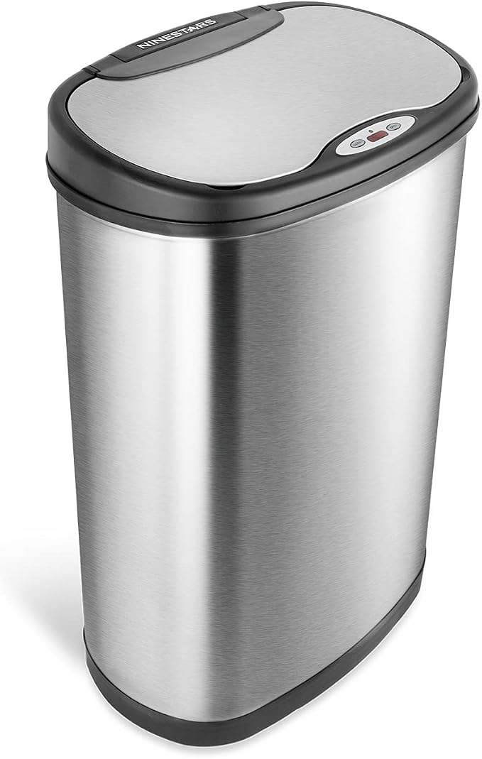Ninestars Two-Piece Automatic Trash Can Combo Set, 13 Gal (50L) & 3 Gal (12L) Touchless Motion Sensor Garbage Cans with Odor-Sealing Lids, Matching Oval Stainless Steel, Black Trim