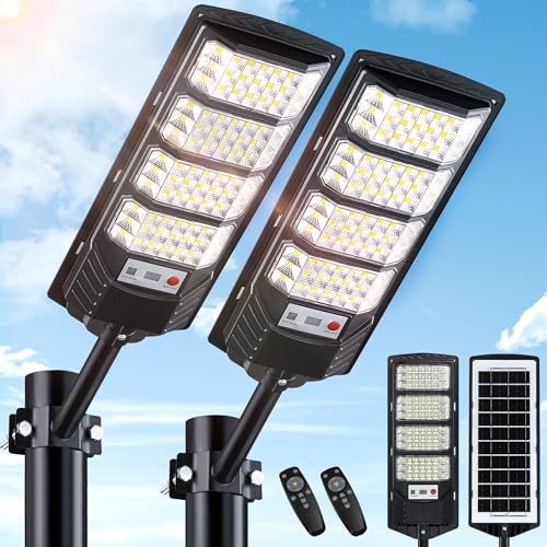 Yusist 2 Pack Solar Street Lights Outdoor Waterproof,6500K LED Motion Sensor Lights,Dusk to Dawn Solar Flood Lights with Remote,Parking Lot Light,Commercial Area Lighting for Outside
