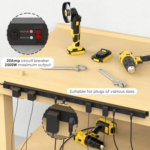 JUNNUJ Long Metal 16 Outlet Power Strip,Wide Spaced Wall Mount Metal Multiple Plugs for Industrial Garage Shop,Power Strip Surge Protection 4800J, 5-15P High Amp 6-20R T-Slot (Black, 6FT)