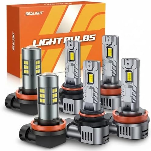 SEALIGHT 9005/HB3 H8/H9/H11 Light Bulb Combo and H11 Fog Lights, 100,000LM Ultra-Bright 6500K 9005 H11 Bulbs with Cooling Fan, 360° Illumination True Plug N Play, Non-polarity, Pack of 6