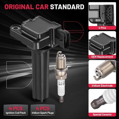 BDFHYK 4 Ignition Coil Pack UF526 and 4 Iridium Spark Plug 7092 Compatible with Saab 2003-2011 9-3, 2010-2011 9-3X 2.0L l4 Coil for DG457 DG472