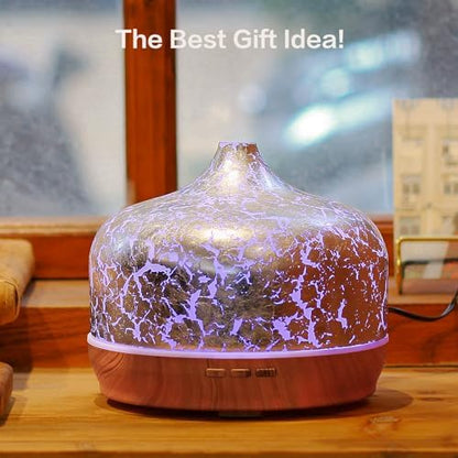 Porseme 500ml Glass Essential Oil Diffuser Aromatherapy Ultrasonic Cool Mist Humidifier 15-21 Running Hours Waterless Auto-Off Air Diffusers for Sleeping Yoga Working Spa(Silver Plated)