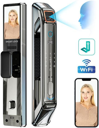Smart Door Lock with Camera, 3D Face Recognition, Keyless Entry Palm, Face, Fingerprint, Passcode, IC Card, Video Doorbell, Intercom, JLINK App, Touchscreen Keypad, Front Door Lock, Home Security