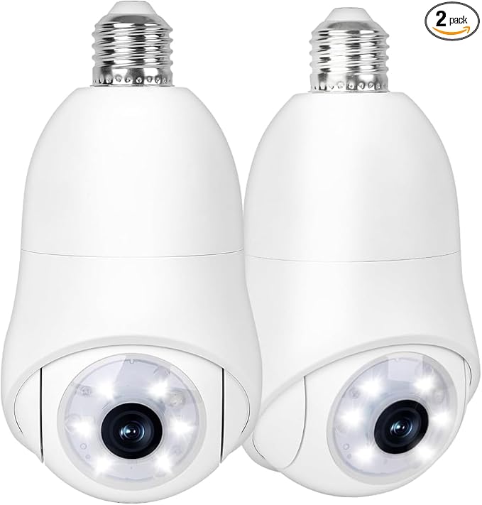 Light Bulb Security Camera, 2K Night Vision Smartphone APP Control 360° Pan Tilt, 2.4GHz WiFi, 24/7 Motion Tracking, 2-Way Talk, SD/Cloud Storage, Wireless Indoor Home Security Camera 2 Pack