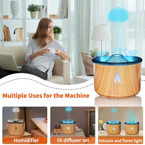 BOHOFAM Aroma Essential Oil Diffuser 360 ML,Volcano and Flame Diffuser/Humidifier,Give1.76 oz Hotel Collection Diffuser Oils,7 Colorful Light Change,Diffusers for Home,Large Room(Wood Grain)