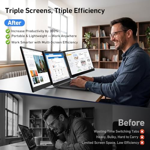 Vixtan 14" Triple Laptop Screen Extender, 3.0 lbs Lightweight FHD IPS Portable Monitor for Laptop, USB-C Plug & Play Multi Screen Attachment for 13-17.3" laptops with Windows/Mac/Chrome