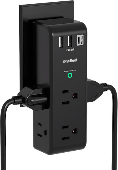 PD20W Surge Protector Outlet Extender - Rotating Plug, One Beat 6 AC Multi Plug Outlet with 3 USB Ports (1 USB C), 1800J Wall Charger, 3-Sided Power Adapter with Spaced Outlet Splitter for Home Office
