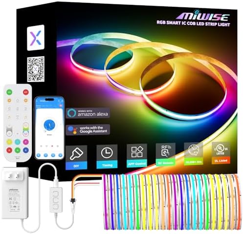 MIWISE RGB Smart IC COB LED Strip Light,32.8ft Color Chasing Flexible LED Tape Light,WS2811 Addressable RGB Strip with APP Control/Music Mode,Work with Alexa/Google,for Home DIY Lighting Projects