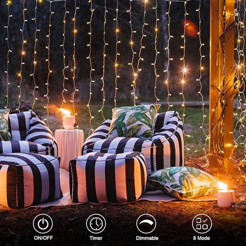 echosari 9.8ft×9.8ft Curtain Lights Battery Operated with Remote Warm White