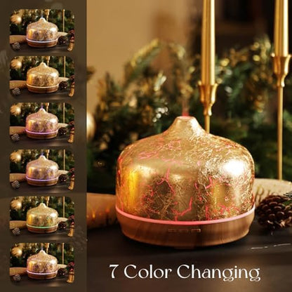 Porseme 500ml Glass Essential Oil Diffuser Aromatherapy Ultrasonic Cool Mist Humidifier 15-21 Running Hours Waterless Auto-Off Air Diffusers for Sleeping Yoga Working Spa(Gold Plated)