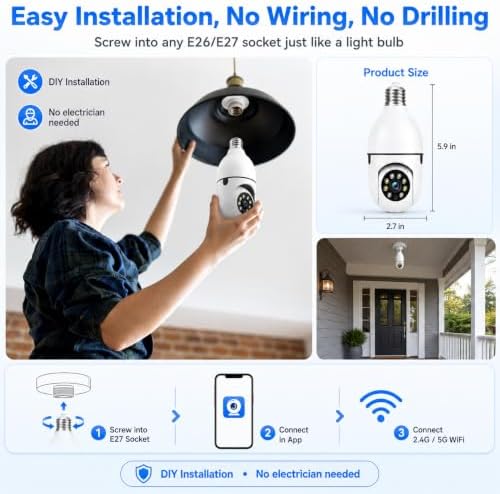 Light Bulb Security Camera 2‑Pack, 3MP Wireless Outdoor Camera, 2.4GHz/5GHz Dual‑Band WiFi, Light Socket Camera, Two‑Way Talk, Human Detection, Color Night Vision, TF Card & Cloud Storage