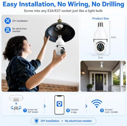 Light Bulb Security Camera 2‑Pack, 3MP Wireless Outdoor Camera, 2.4GHz/5GHz Dual‑Band WiFi, Light Socket Camera, Two‑Way Talk, Human Detection, Color Night Vision, TF Card & Cloud Storage