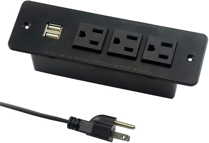 Conference Recessed Power Strip with USB 3 Outlets 1875W/12amp 2 USB Ports 2.1amp 10ft Power Cord Black