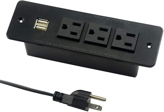 Conference Recessed Power Strip with USB 3 Outlets 1875W/12amp 2 USB Ports 2.1amp 10ft Power Cord Black