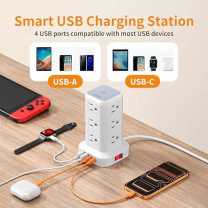 Extension Cord with Multiple Outlets, SMALLRT Power Strip Tower, Outlet Extender with 12 AC Outlets 4 USB, 6.5FT Extension Cord for Home Dorm Room, Office Supplies,Overload Protection
