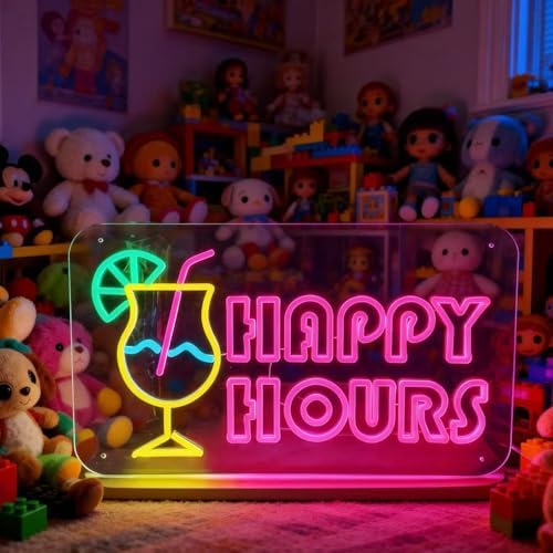 Happy Hours Neon Sign, USB 5V Powered LED Silicone Strip Neon Light, Acrylic Board Wall Decor for Bar Pub Man Cave Home Party, Non-Waterproof Indoor Use Only