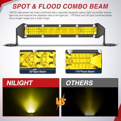 Nilight Slim LED Light Bar 2 PCS Yellow 7 Inch Single Row 16LEDs