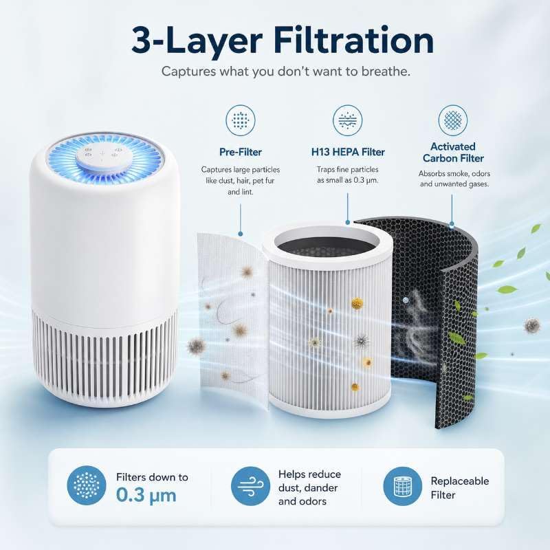 2-Pack of Air Purifiers for Home and Bedroom, Up to 1,076 Sq. Ft. Each, for Pet Hair, Odors, Pollen and Smoke, 3 Speeds, Timer, Aroma Function, 22 dB Sleep Mode, 360° Air Intake, White