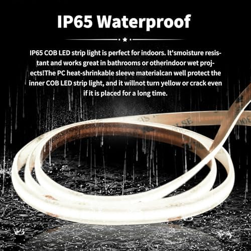 Pandery COB led Strips Lights,DC24V Outdoor led Strip,Cool White 6000K,320LEDs/M,8MM Wide,16.4ft/5M,CRI90+ IP65 Waterproof Strips Light for Bathroom Decor,Pool,Aquariums(Not Included Power)