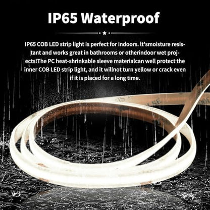 Pandery COB led Strips Lights,DC24V Outdoor led Strip,Cool White 6000K,320LEDs/M,8MM Wide,16.4ft/5M,CRI90+ IP65 Waterproof Strips Light for Bathroom Decor,Pool,Aquariums(Not Included Power)