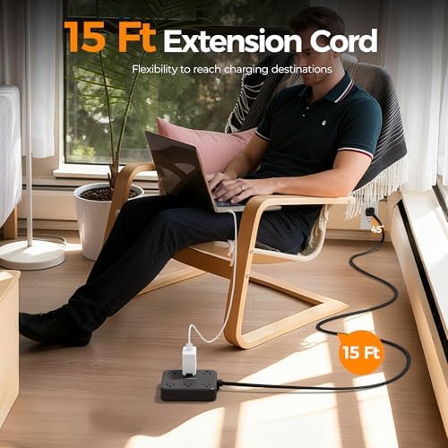 TESSAN Surge Protector Power Strip, 15Ft Flat Plug Extension Cord, Black