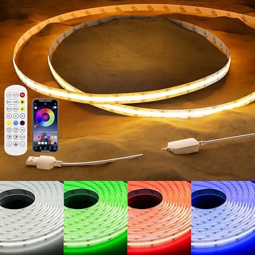 PAUTIX 5V USB RGB COB LED Strip Light 4.92ft/1.5m Color Changing Strip Lights,TV Backlight Multicolor Flexible Under Cabinet Tape Lights with Bluetooth Control for Bedroom,Kitchen,Home DIY Lighting