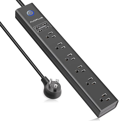 AUOPLUS 10FT Surge Protector Power Strip, 6 AC Outlets with 4 USB Ports, Long Extension Cord Flat Plug(1250W/10A/2100J) Wall Mount Power Strips for Computer Home Office Dorm - Black