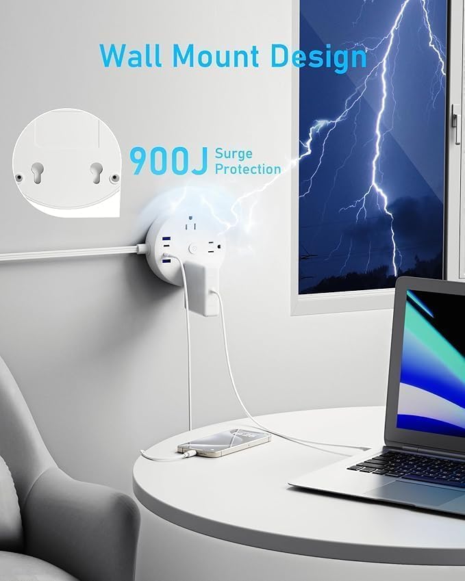 15FT PD20W 2 Prong Power Strip, Fast Charging Surge Protector, Yozisital 2 Prong to 3 Prong Outlet Adapter, 6 Outlets 4 USB (2 USB-C), Extension Cord with 180° Rotating Plug, Ideal for Older House