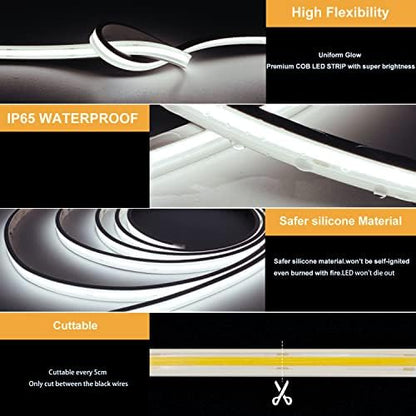 Pandery COB LED Strip Lights,24V Daylight White 6000K,Ip67 Waterproof led Light Strip,480LEDs/M,16.4ft/5M,CRI90+ Outdoor led Strip for Bathroom Decor,Pool,Garden(Power Not Included)