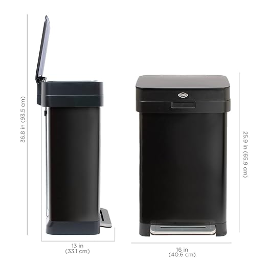 Clorox 13 Gallon Trash Can - 50L Kitchen Trash Can with Wide Step Pedal - Rectangular Black Stainless Garbage Bin with Hinged Rim and Odor Protection