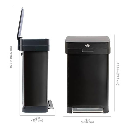 Clorox 13 Gallon Trash Can - 50L Kitchen Trash Can with Wide Step Pedal - Rectangular Black Stainless Garbage Bin with Hinged Rim and Odor Protection