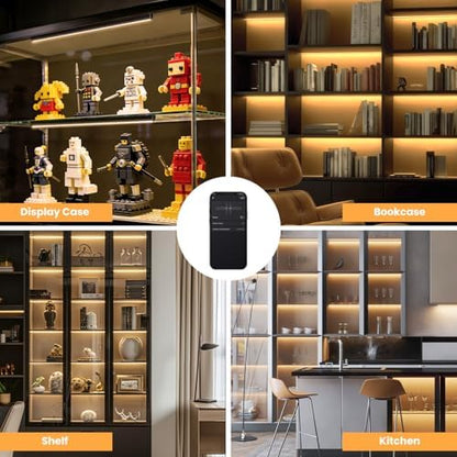 Black Shelf Lights, LED Bookcase Lighting Compatible with Alexa, WiFi Dimmable 2700K Under Shelf Lighting for Bookshelf, Display Case, Cabinets with App, Remote, Memory Function (8Pack 12In)