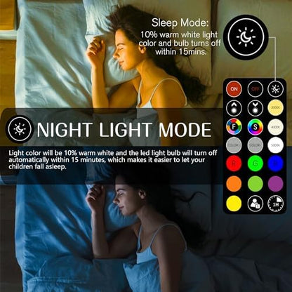 LED Color Changing Light Bulb with Remote Control, 60W Equivalent RGB Bulbs, 8W Dimmable E26 A19 2700K-6000K Warm White Indoor/Outdoor Colored Light Bulbs for Bedroom, Living Room, 4-Pack